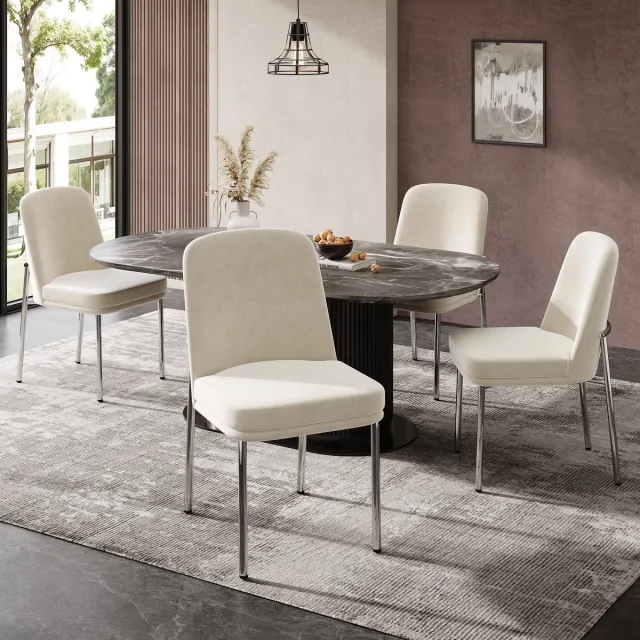 FloraGrace Eetkamerstoel – Dikke Gewatteerde Zitting – Set Van 4 – Velvet – Modern Minimalistisch – Beige – Met Metalen Onderstel
