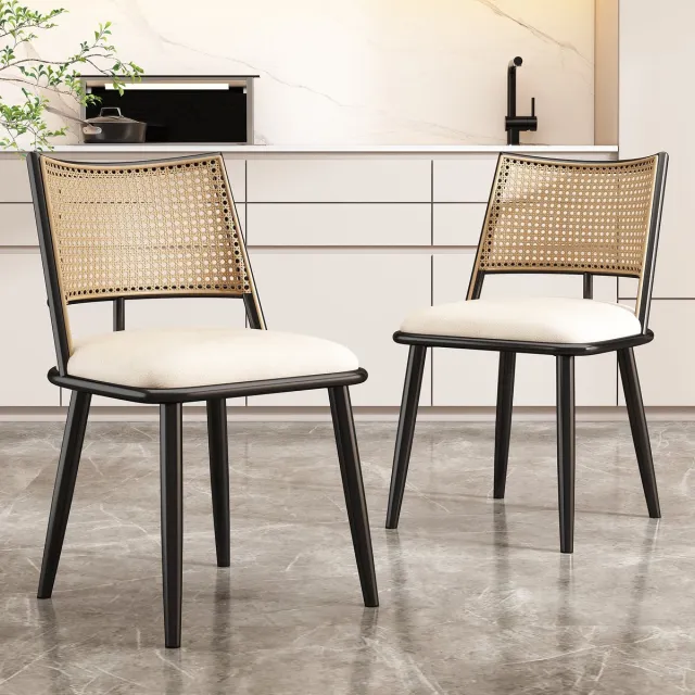 MUVANO Eetkamerstoelen set van 2 - eetkamerstoel met rotan rugleuning - stoel met PU lederen zitting - 120kg - comfortabel - eetkamer Zwart