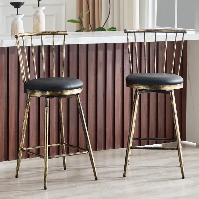 OKWISH Barkruk - Set Van 2 Met Windsor Rugleuning En Gewatteerde Kunstleren Zitting - Voor Keukeneiland, Bar Of Restaurant - Metaal - Zwart Bruin