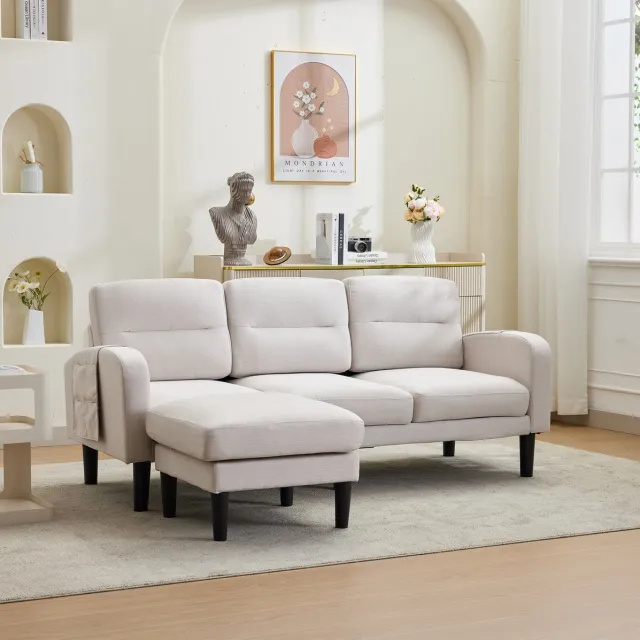 MIVRAY Hoekbank 204 x 136 x 80 cm - 3-Zits Met Chaise Longue En Opbergvakken - Voor Woonkamer - Stoffen Bekleding Beige
