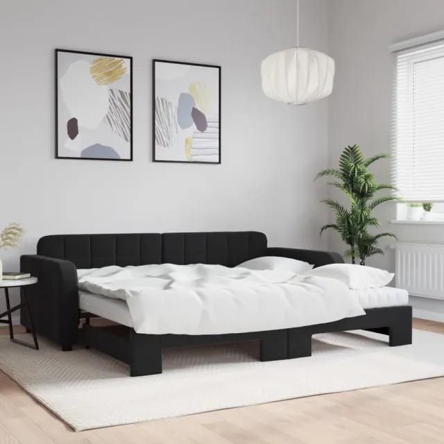 vidaXL Slaapbank onderschuifbed en matrassen 90x190 cm fluweel zwart