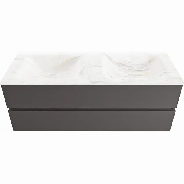 Mondiaz VICA-DLUX 130cm badmeubel onderkast Dark grey 2 lades. Inbouw wastafel CLOUD dubbel 2 kraangaten, kleur Ostra.