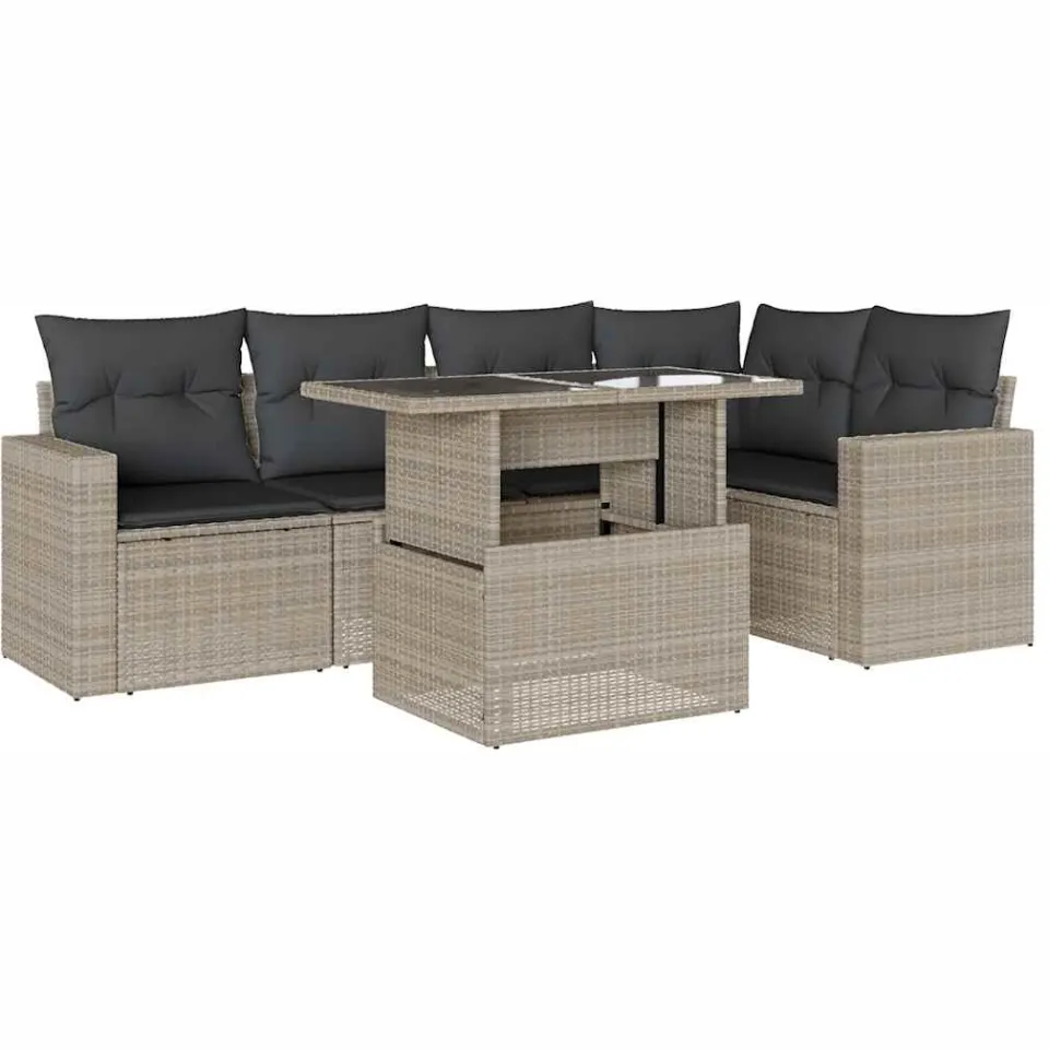 vidaXL 6-delige Loungeset met kussens poly rattan lichtgrijs grijs, foto 3