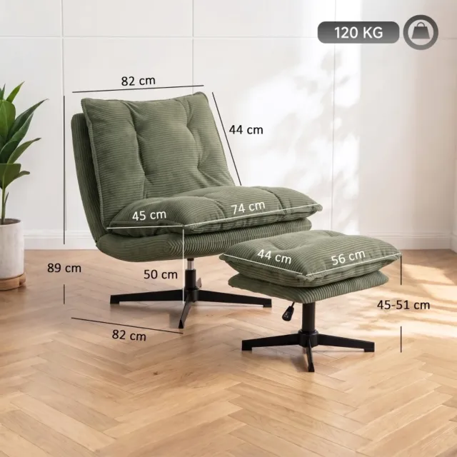 HAUSS SPOLE Fauteuil met Hocker - 360 Graden Draaibaar - Verstelbare Voetenbank - Voor Woonkamer en Leeshoek - Polyester Ribfluweel - Groen
