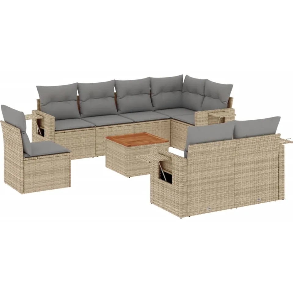 vidaXL 9-delige Loungeset met kussens poly rattan gemengd beige, foto 3