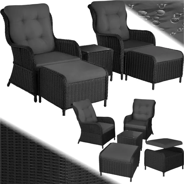 Tectake 2x Premium Wicker Tuinstoelen - Fauteuils met Kruk en Tafel - Relaxstoel voor tuin, terras en balkon - Ligstoel - Leesstoel - Lounge Tuinmeubel Set - Weerbestendig - Variabel - Zwart/Grijs
