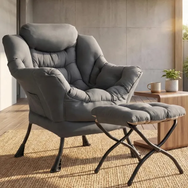 LIFERUN Relaxstoel met voetensteun - Comfortabele Relaxfauteuil met metalen frame en zijvak - tot 150 kg voor woonkamer en lezen donkergrijs