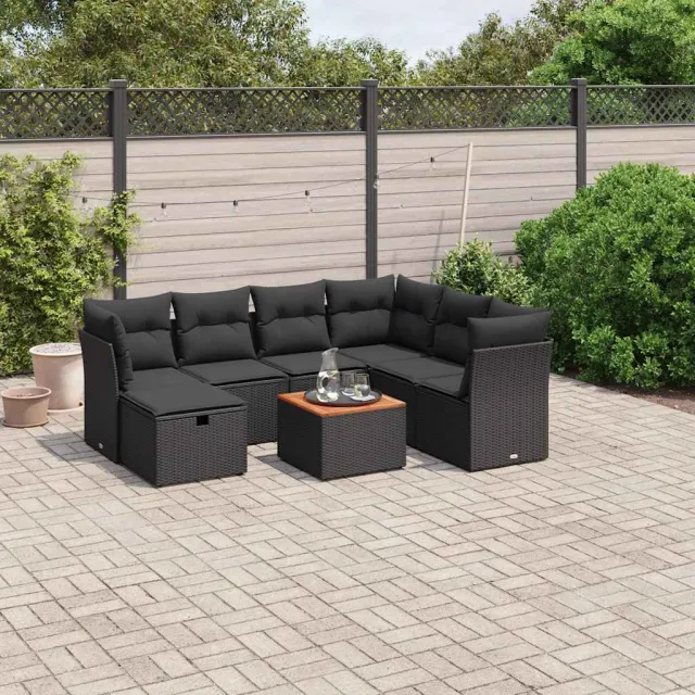 vidaXL 8-delige Loungeset met kussens poly rattan zwart, foto 2
