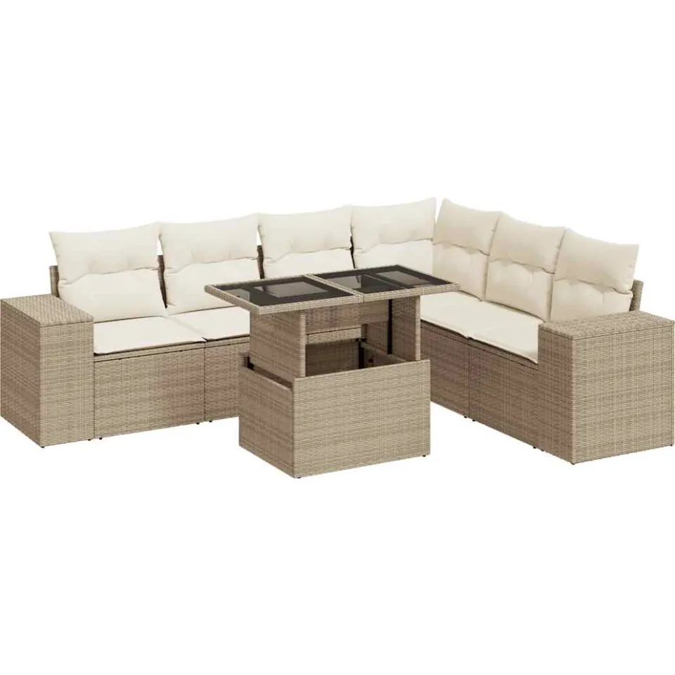 vidaXL 7-delige Loungeset met kussens poly rattan beige, foto 3