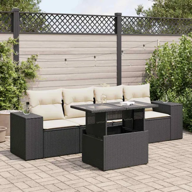 vidaXL 5-delige Loungeset met kussens poly rattan zwart, foto 2