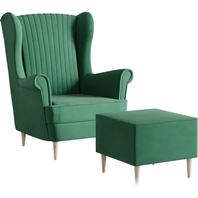 AJE Meubles B.V. Ohrensessel, fauteuil van fluweel, stoel, zitmeubel, gestoffeerde fauteuil, relaxfauteuil - Fauteuil Comfy met Hocker - Groen (Manila 35)