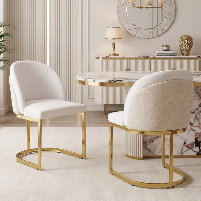 Zubaliya 2 Eetkamerstoelen 59x52x85 cm - Stoelen Met Chenille Bekleding En Goud Metalen Poten Beige Goud