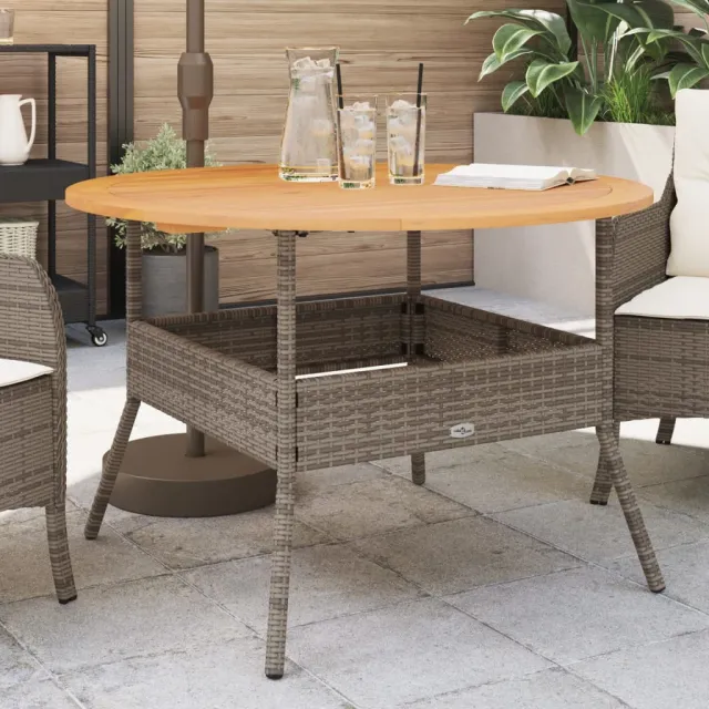 vidaXL Tuintafel met acaciahouten blad Ø110x71 cm poly rattan grijs, foto 2