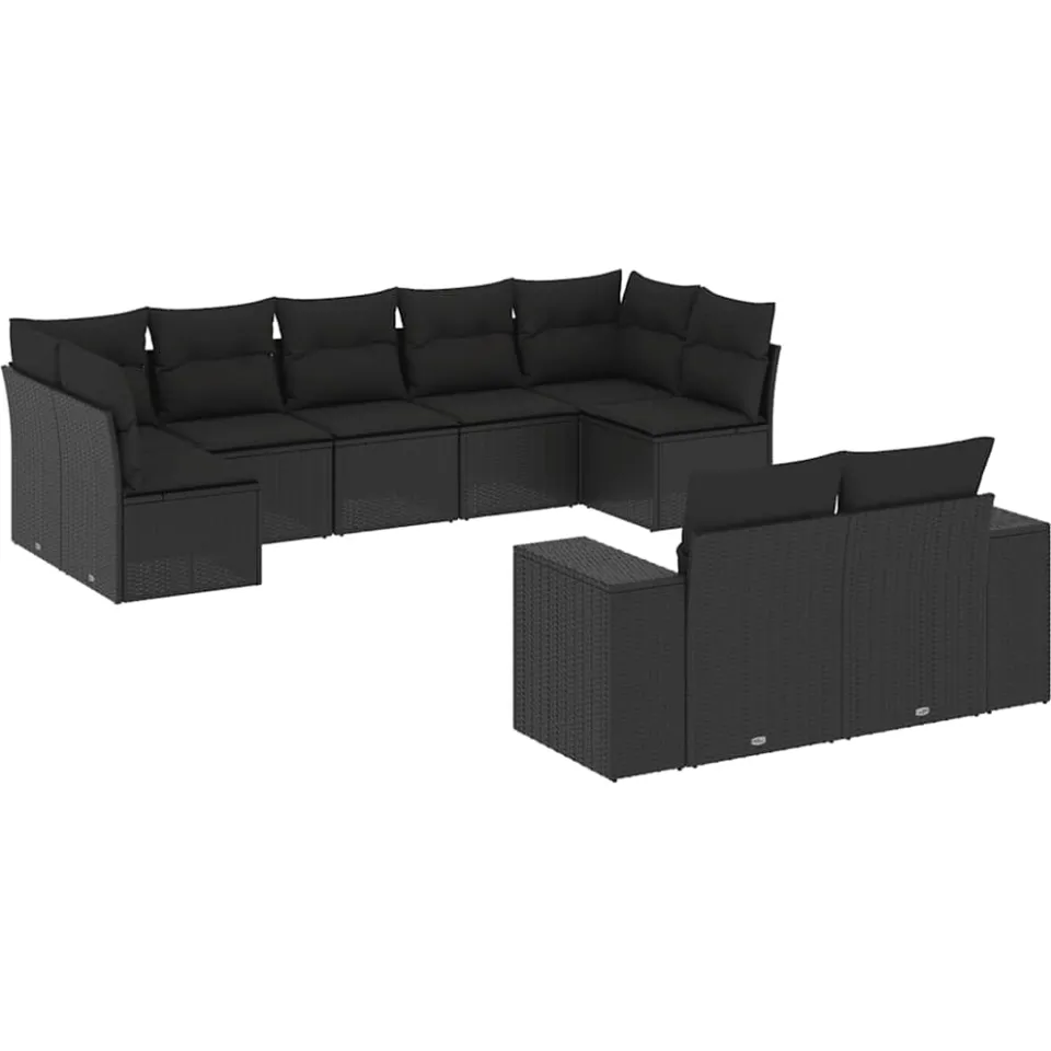 vidaXL 9-delige Loungeset met kussens poly rattan zwart, foto 3
