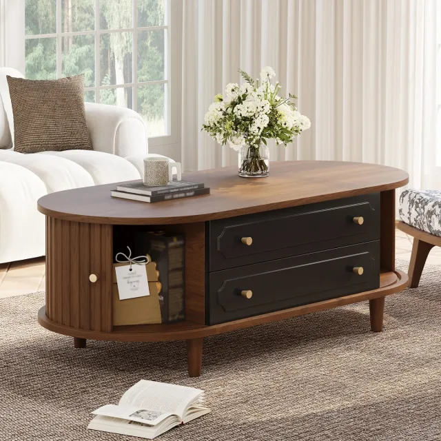 Wishdor Salontafel - Met 2 Roldeuren En 2 Lades - Retro - Voor Woonkamer - Spaanplaat - Walnootkleur En Zwart - 100 X 50 X 36 Cm Notenhout