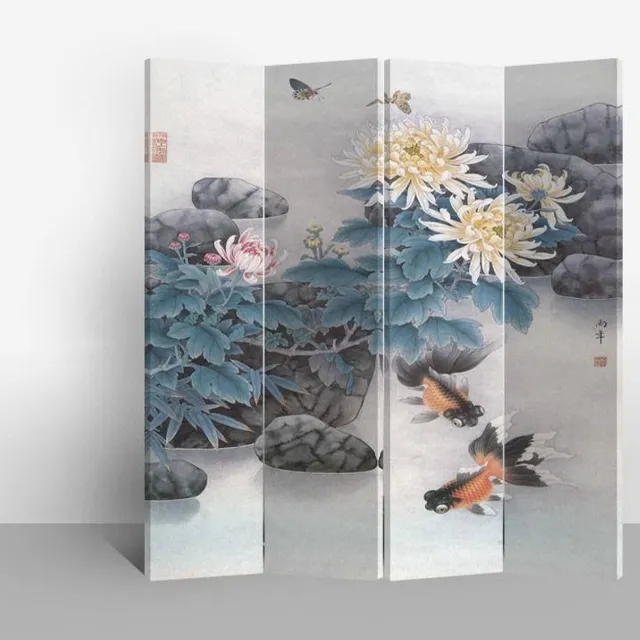 Fine Asianliving Chinees Kamerscherm Oosters Scheidingswand B160xH180cm 4 Panelen Vijver met Vis Wit, Multicolour