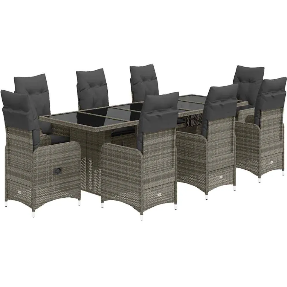 vidaXL 9-delige Bistroset met kussens poly rattan grijs