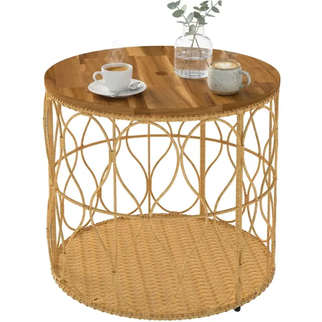 Outsunny Ronde Balkontafel van Acaciahout - Tuintafel - Bijzettafel - Salontafel - Teak teak, beige
