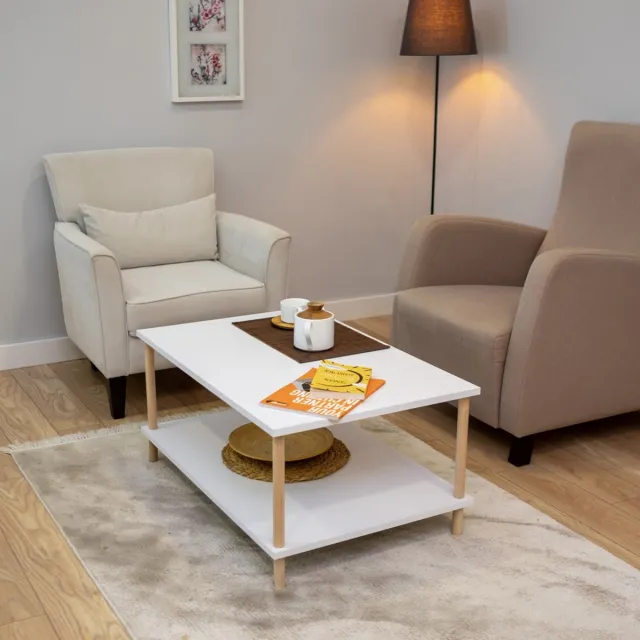City of Wood Rechthoekige salontafel met houten poten en twee planken, decoratief met tijdschriftenrek en krantenhouder - 90x60 - Wit