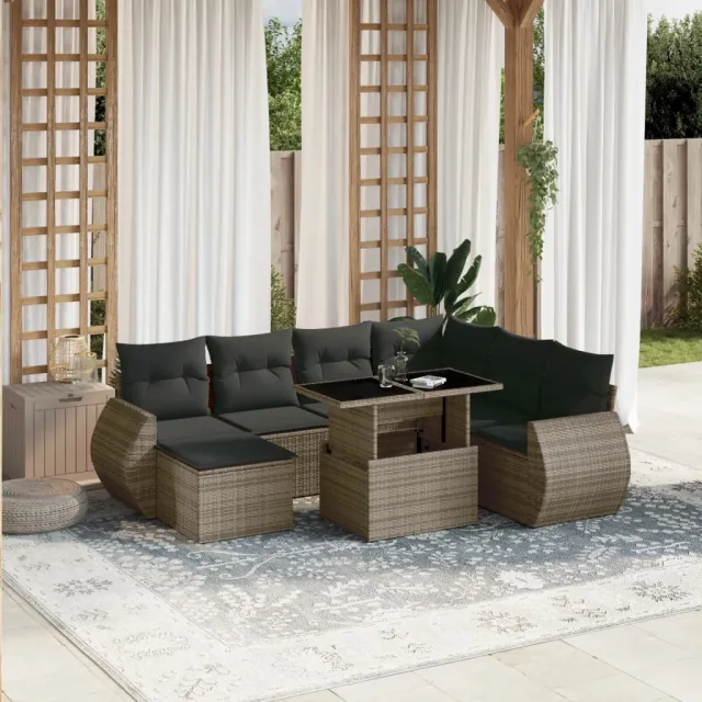 vidaXL 8-delige Loungeset met kussens poly rattan grijs, foto 2