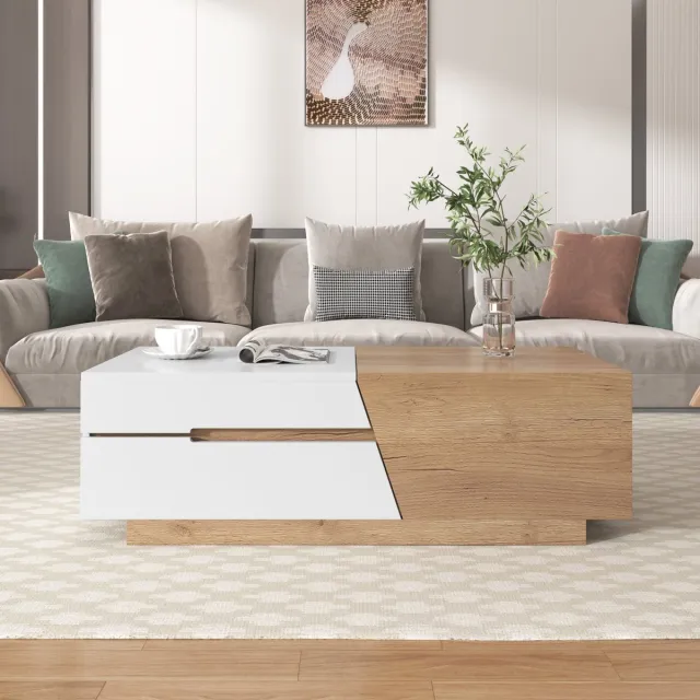 KOMHTOM Tafel met laden Uitschuifbare salontafel woonkamertafel bijzettafel met kleurblokstructuur Natuurlijk