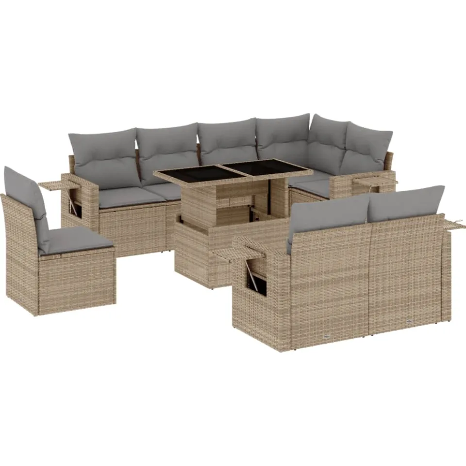vidaXL 9-delige Loungeset met kussens poly rattan beige, foto 3