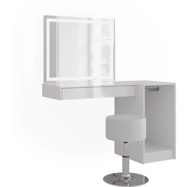 Vicco Kaptafel set met kruk Sherry, Wit/Wit Hoogglans, 120.2 cm met LED-spiegel, kruk en module met kledingstang