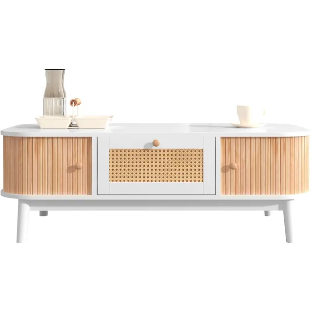DantefHandels Salontafel - Rattan-salontafel, laden met Rattan en schuifdeuren met Massivhoutlatten, Massivhoutpoten wit