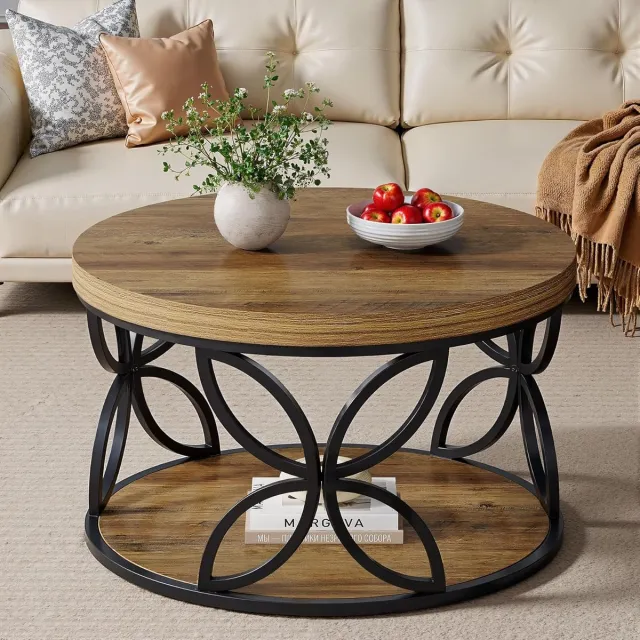 Tribesigns Ronde Salontafel - 80 x 80 x 46 cm - 2-laags Salontafel met Opbergplank - Bijzettafel Bruin - Tafel - Sidetable voor Woonkamer, Thuiskantoor