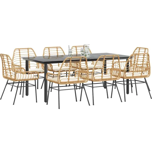 vidaXL 9-delige Tuinset met kussens poly rattan glas bruin