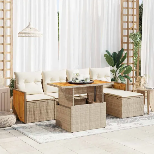 vidaXL 6-delige Loungeset met kussens poly rattan acacia beige, foto 2
