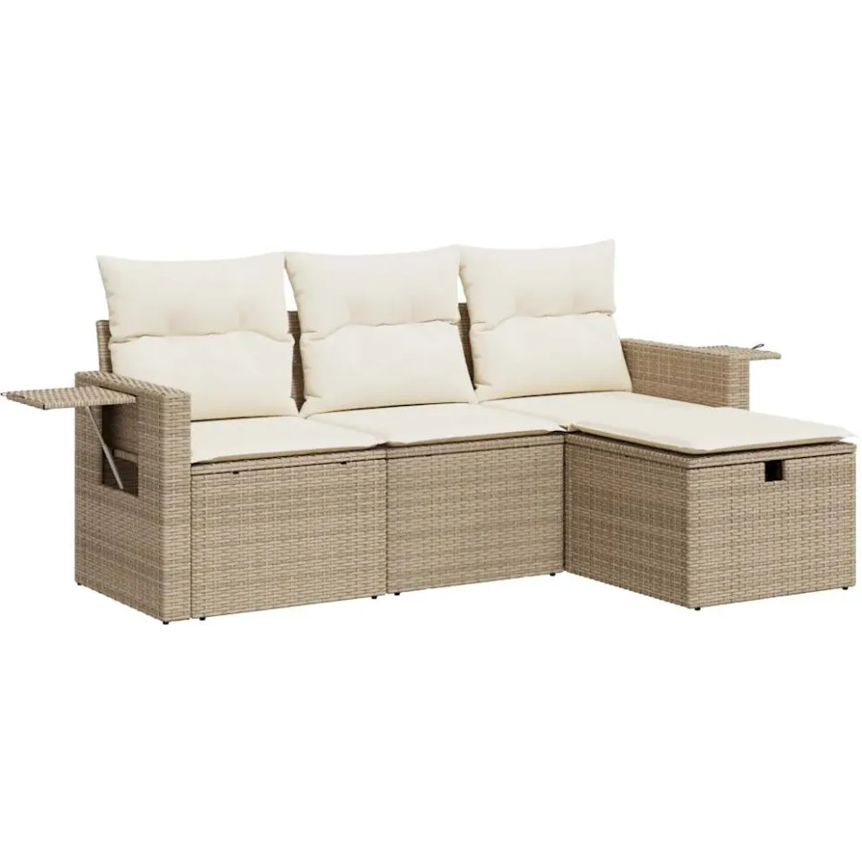 vidaXL 4-delige Loungeset met kussens poly rattan beige, foto 3