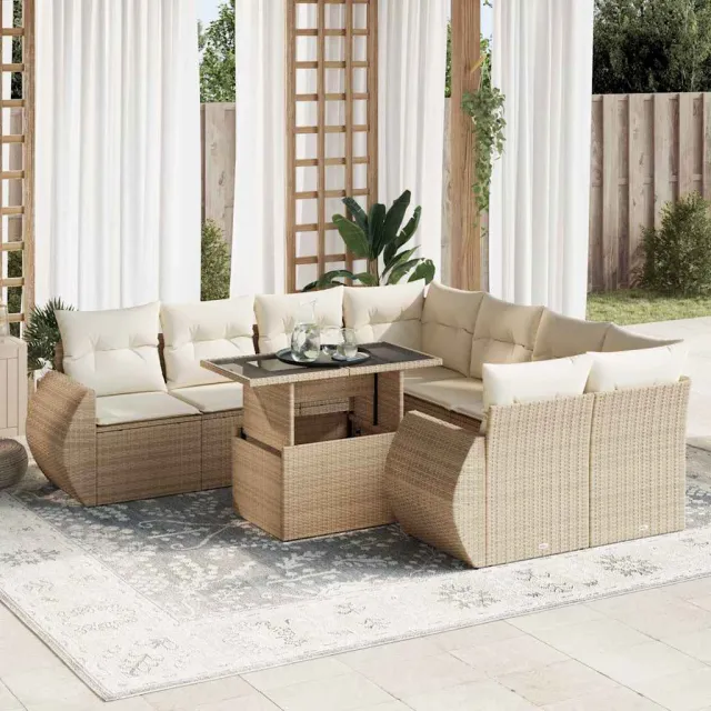 vidaXL 9-delige Loungeset met kussens poly rattan beige, foto 2