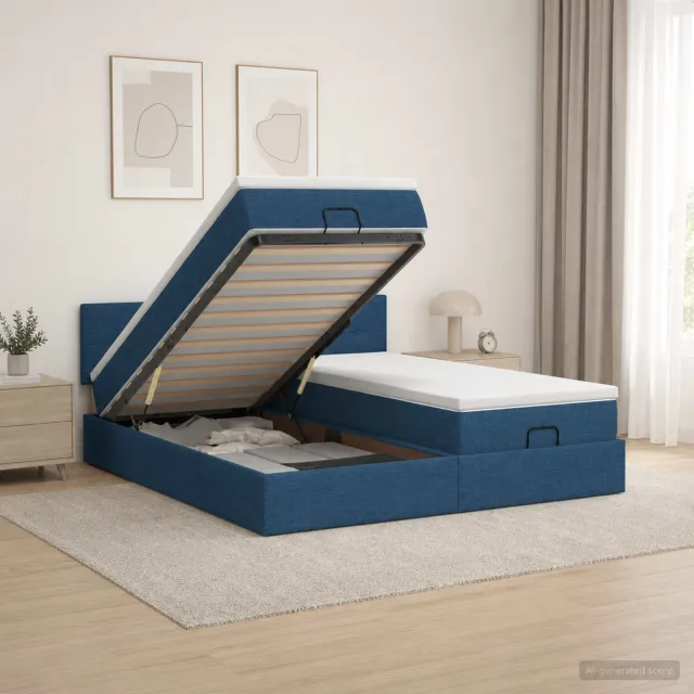 vidaXL Ottoman Bed met Matrassen en LED Blauw 200 x 200 cm Stof