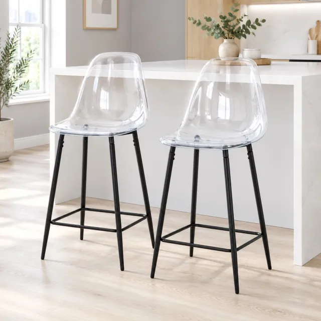 MODFU Barkrukken Set Van 2 - Met Rugleuning En Voetensteun - Modern - Kunststof En Metaal - Transparant En Zwart - 51 X 45 X 102 Cm Transparant, zwart