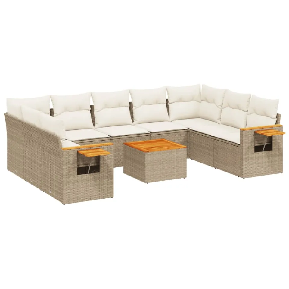 vidaXL 10-delige Loungeset met kussens poly rattan beige, foto 3