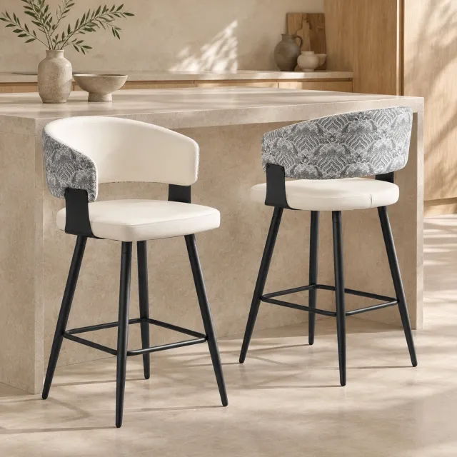 CHICFURN Barkruk - met rugleuning - 47x46,5x94,5 cm - set van 2 - voetsteun - keuken of bar - metaal en kunstleer - wit