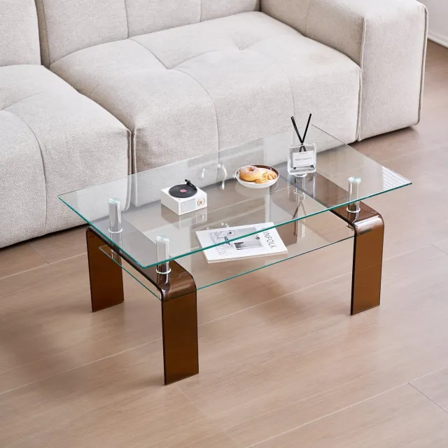 Wishdor Salontafel - Tweelaags Gehard Glas - Modern - Woonkamer - Glas En Metaal - Transparant Met Bruine Poot - 100 X 55 X 45 Cm Duidelijk