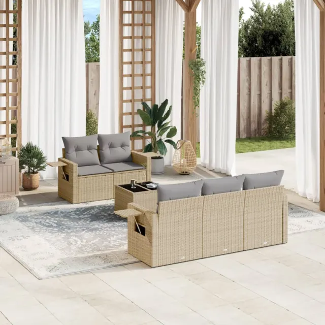 vidaXL 6-delige Loungeset met kussens poly rattan beige, foto 2