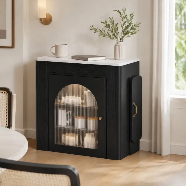 MEUNIQ Uitklapbare eettafel met opbergruimte, 83 x 39,6-79,6-119,6-149,6 x 77 cm, keukenisland met wielen, LED en USB/Type-C, zwart-wit White+Black