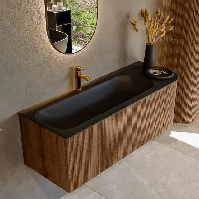Mondiaz KURVE-DLUX 125 cm Onderkast Greeploos 1 Lade Met Deuren Walnut, Wastafel Solid Surface Links Lava 1 Kraangat Zonder Spiegel (KRVBGM125R1L1D1KL-Wal/Lav)