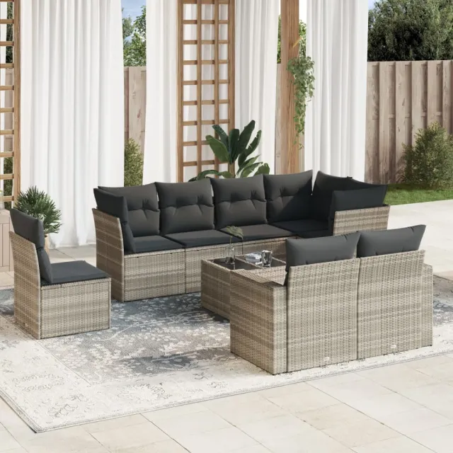 vidaXL 9-delige Loungeset met kussens poly rattan lichtgrijs grijs, foto 2
