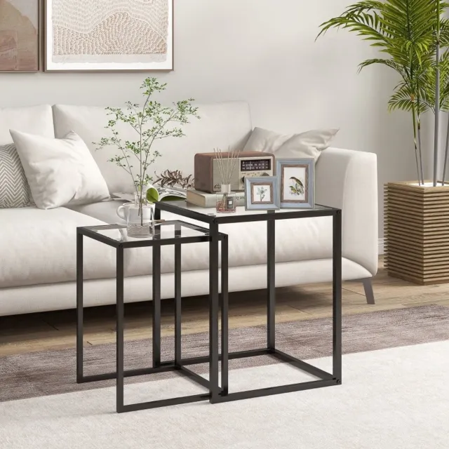 STILVORA Bijzettafel Set Van 2 - Stapelbaar Design Met Gehard Glas En Stalen Frame - Modern Voor Woonkamer En Hal - Zwart - 42x42x51 Cm