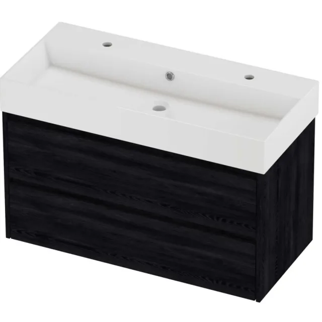 Proline Zara Badmeubelset Porselein Loft 2 Kraangaten Symmetrisch 100x46x65 cm Glans Wit Black Oak Eiken