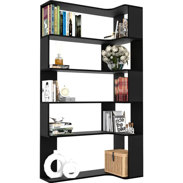PIPIPOXER Boekenkast met 6-Laags - L-vormige Hoek Boekenkast Industrieel - Open Opbergplanken voor Woonkamer, Slaapkamer, Thuiskantoor - 90x48x169cm - Zwart