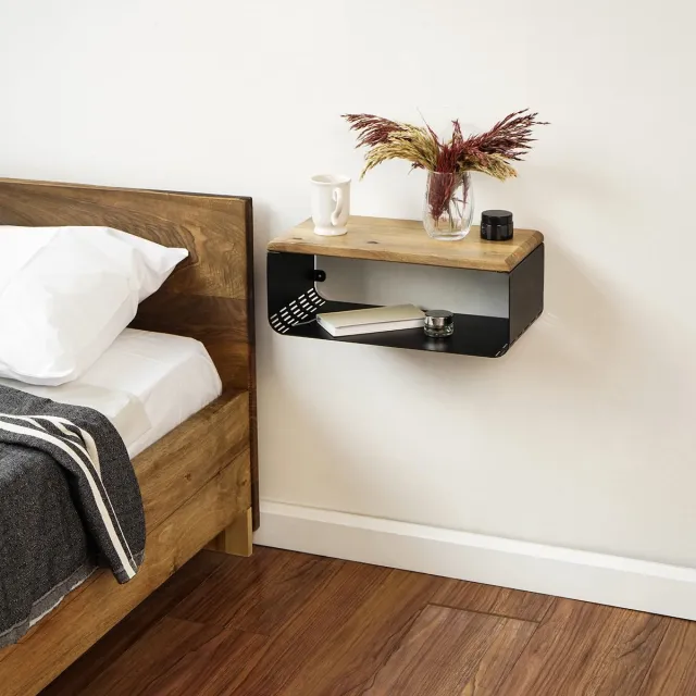 Unyqoos Zwevend wandnachtkastje met walnoot accent voor moderne minimalistische slaapkamer zwart