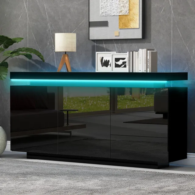 Clruro Dressoir - 140x35x73 cm - Hoogglans met LED - 2 Deuren en 3 Lades - Hout - Zwart