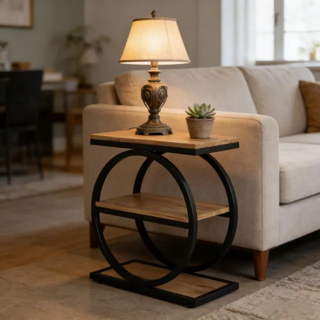 MODENUIT Bijzettafel - 3 Laags Ontwerp Voor Sofa En Hal - Industrieel - MDF En Metaal - 60x30x65 Cm - Zwart Bruin