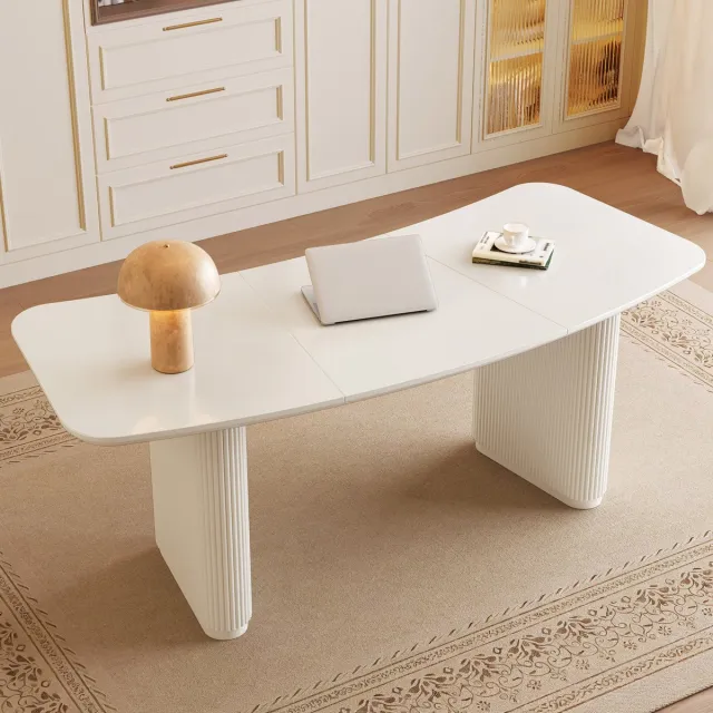GUYII Modern Waaiervormig Bureau in Crèmewit 197,3 x 79,3 x 74,5 cm – Ruim Verbreed Werkblad met Afgeronde Hoeken en Stevige Geribbelde Poten – Voor Thuiskantoor, Woonkamer en Slaapkamer Chinees