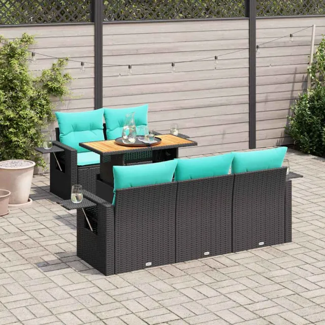vidaXL 6-delige Loungeset met kussens poly rattan zwart, foto 2